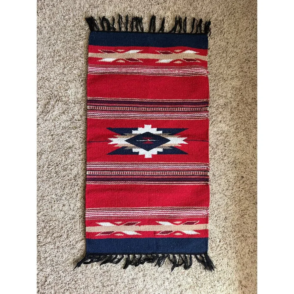 Southwest Woven Red/Blue Rug 34x18 Small Cowboy Retro New Mexico
